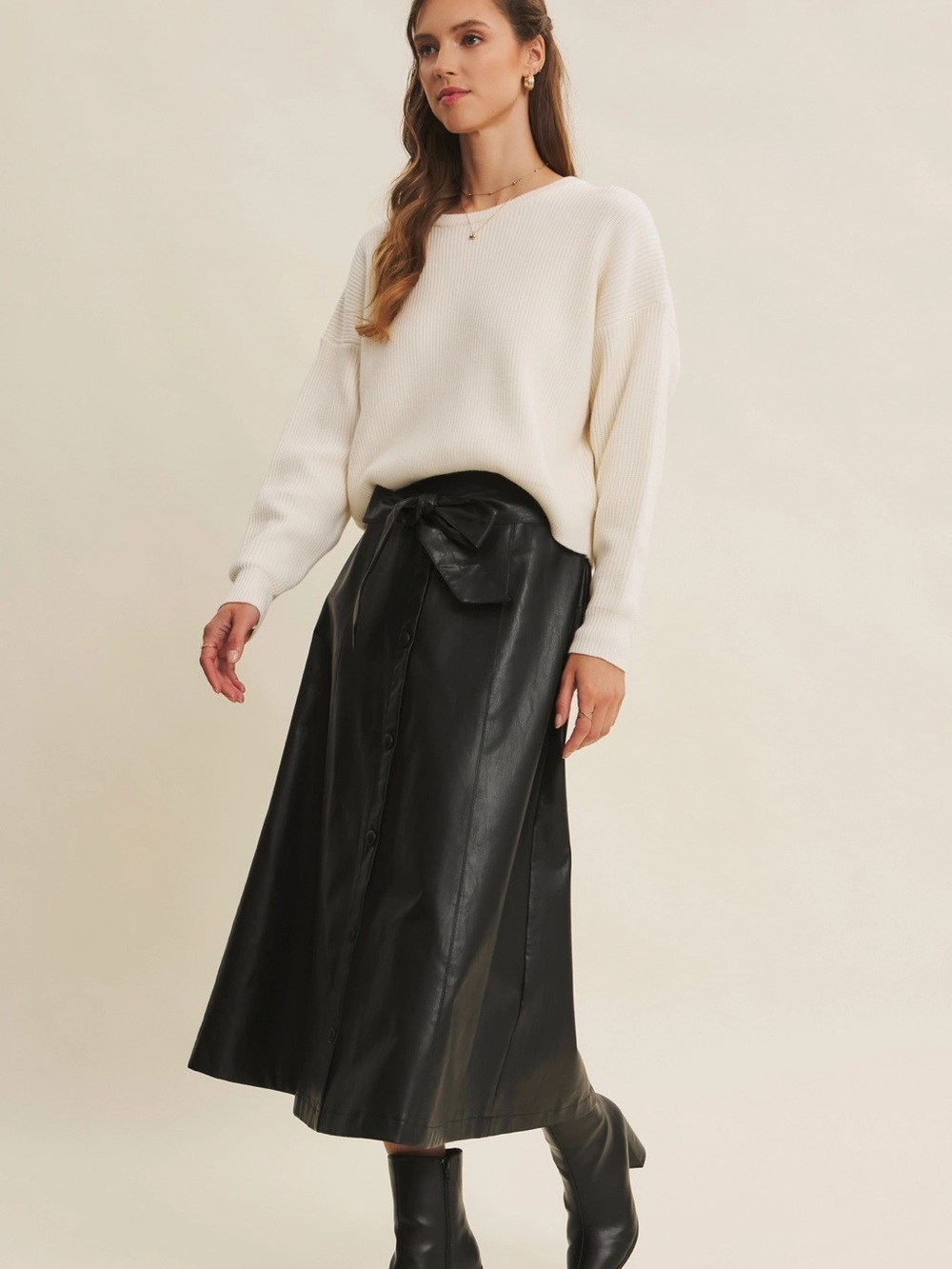 Sophisticated Vegan Faux Leather Belted Midi Skirt Size Small